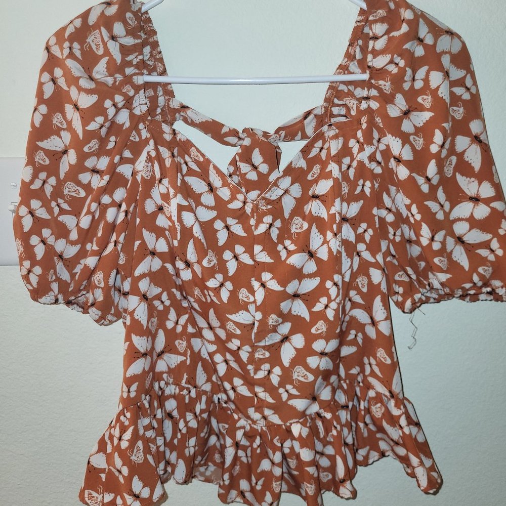 boned fitted corset floral top ties in back- super cute- burnt orange